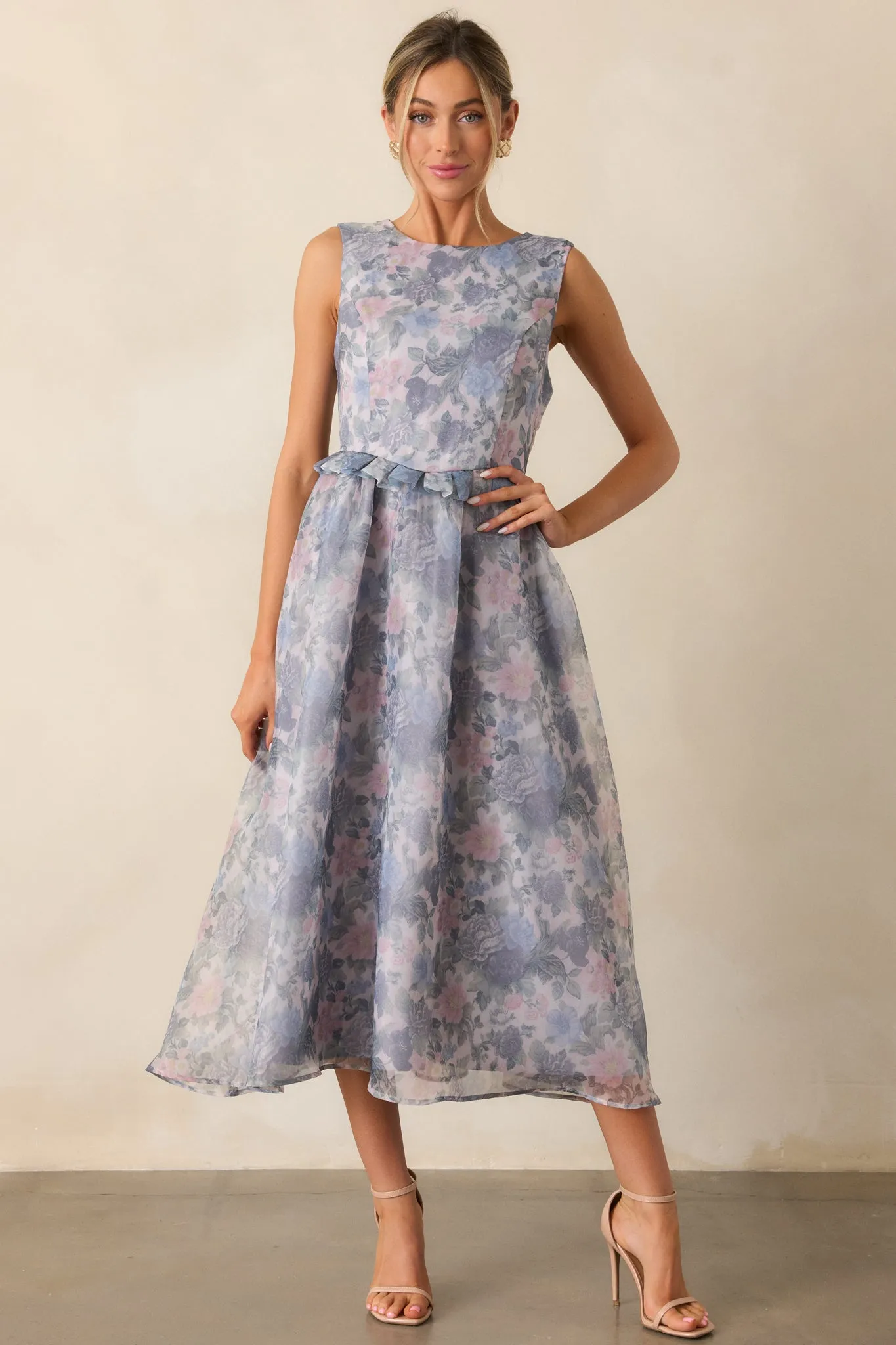 Painted Skies Ash Blue Floral Midi Dress