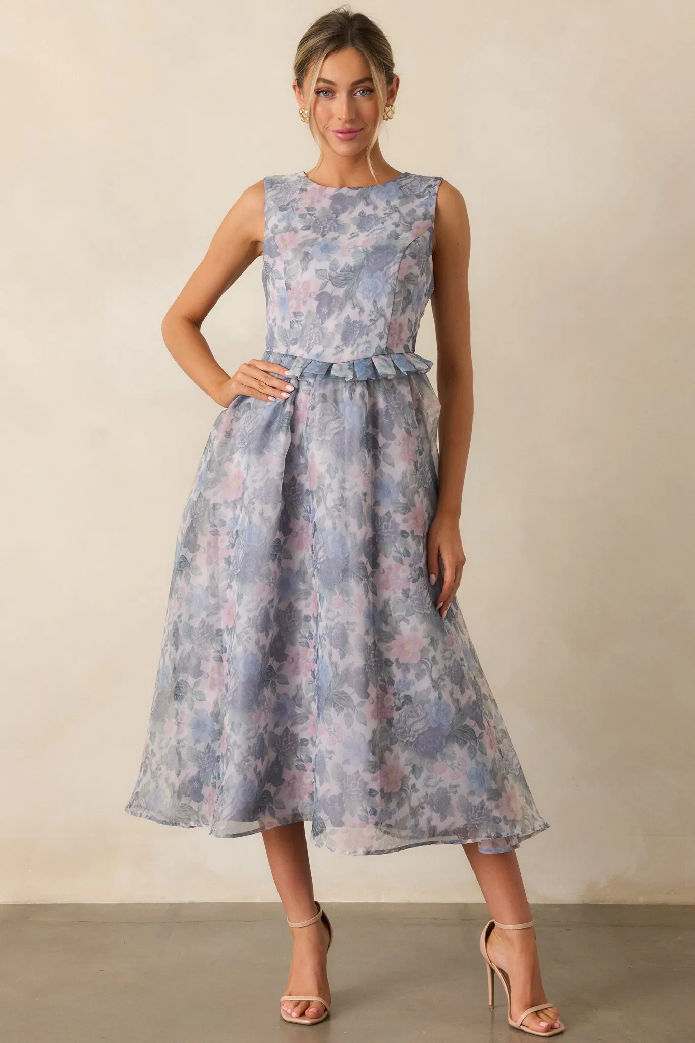 Painted Skies Ash Blue Floral Midi Dress