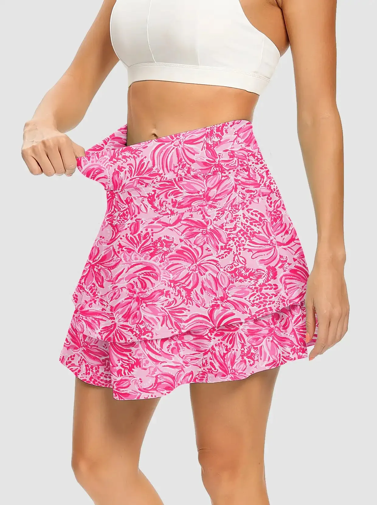 Pink Floral Double-Layer Active Skorts with Shorts