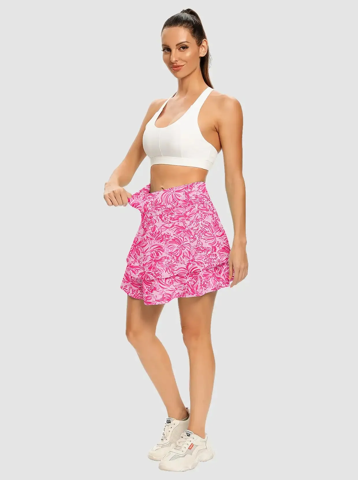 Pink Floral Double-Layer Active Skorts with Shorts