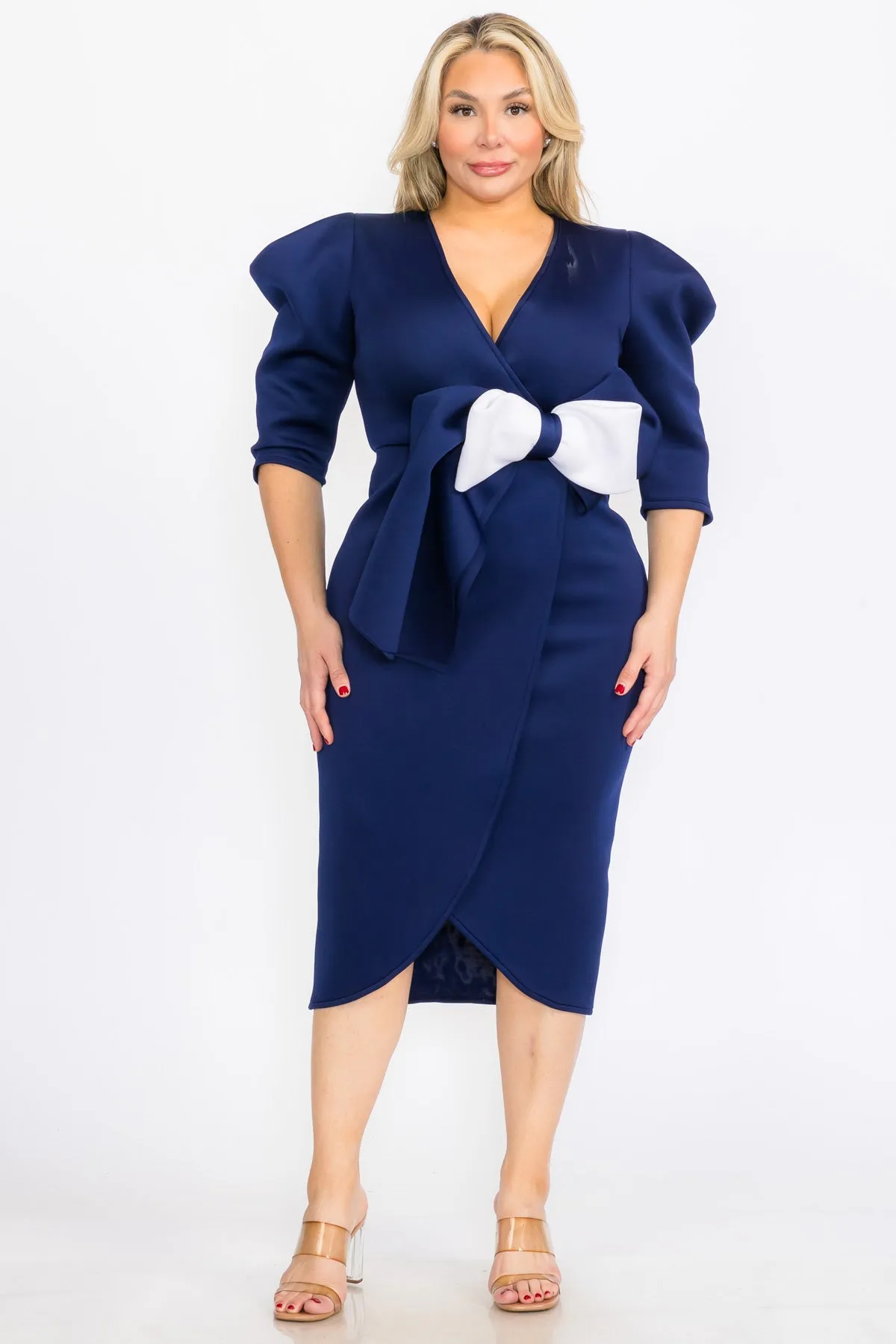 Plus Size Puffy Cap 3/Sleeves Wrap Peplum Midi Dresses with Bow Waist Detail