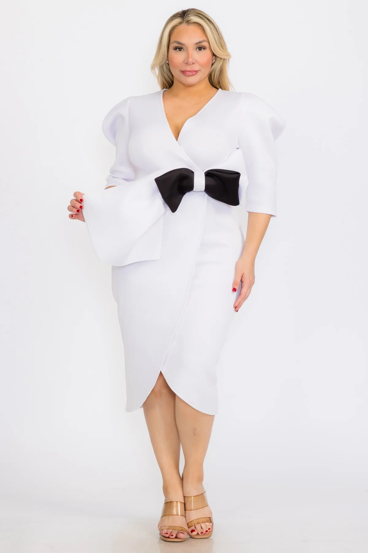 Plus Size Puffy Cap 3/Sleeves Wrap Peplum Midi Dresses with Bow Waist Detail