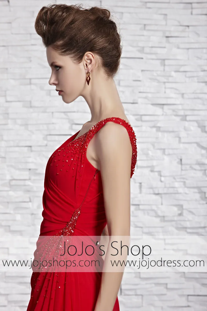 Red Grecian V Neck Low Back Formal Prom Pageant Dress CX881519