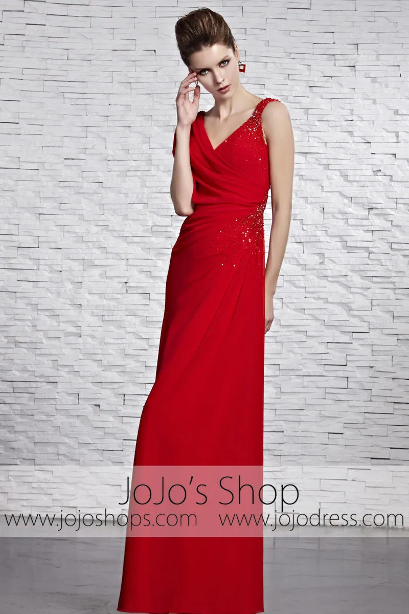 Red Grecian V Neck Low Back Formal Prom Pageant Dress CX881519