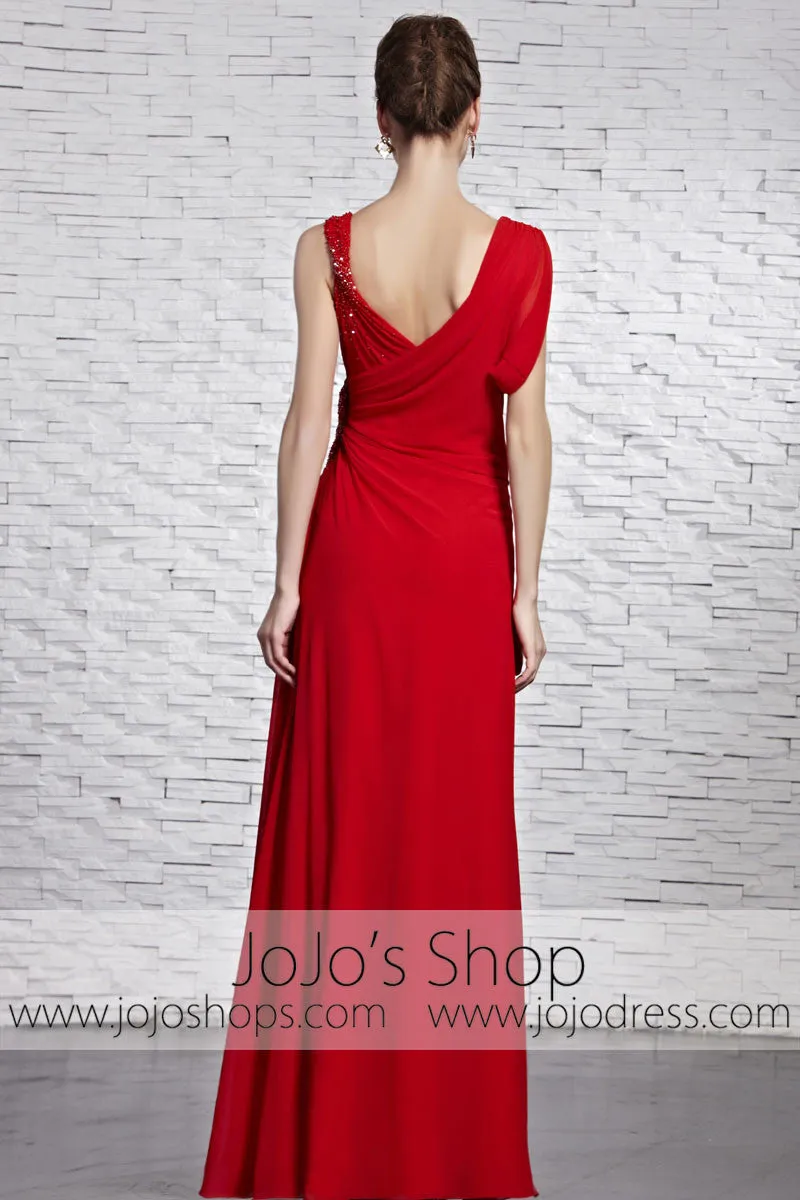 Red Grecian V Neck Low Back Formal Prom Pageant Dress CX881519