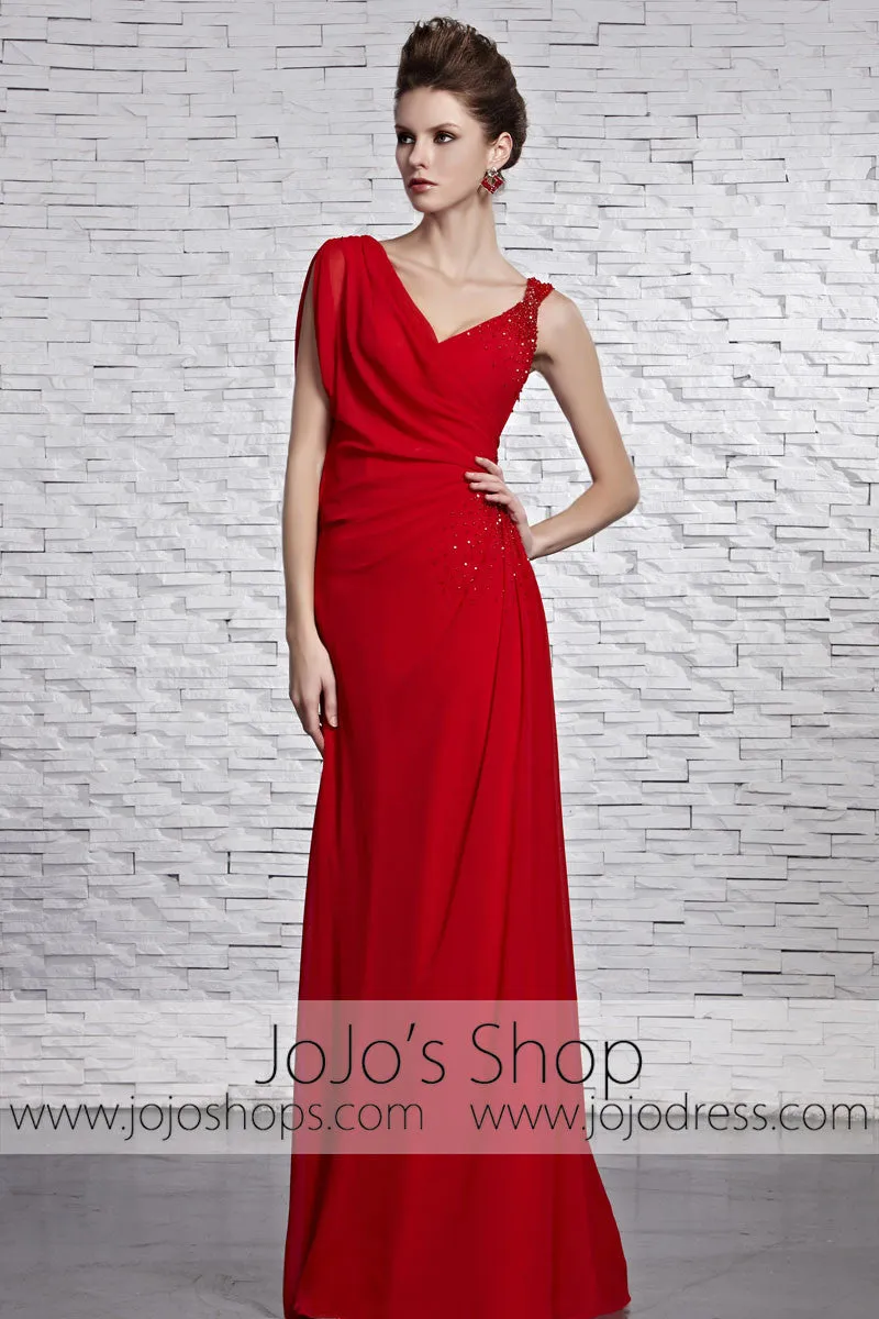 Red Grecian V Neck Low Back Formal Prom Pageant Dress CX881519