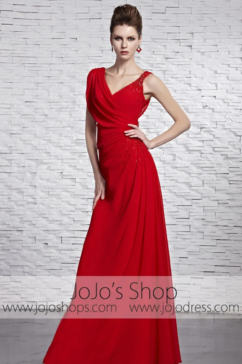 Red Grecian V Neck Low Back Formal Prom Pageant Dress CX881519