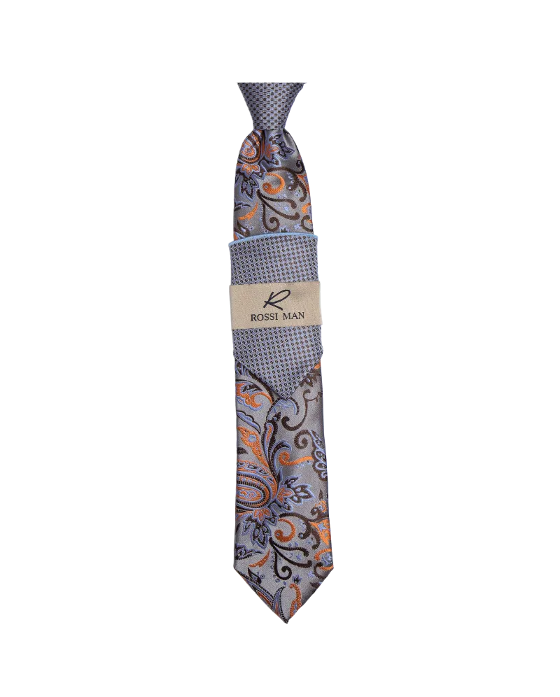 Rossi Man Gray-Brown Paisley Ties and Hanky Set