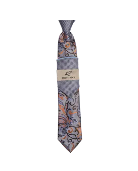 Rossi Man Gray-Brown Paisley Ties and Hanky Set