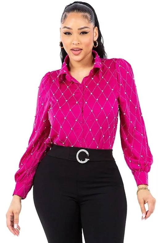 Satin & Rhinestone Button Down Collared Shirts Fuchsia