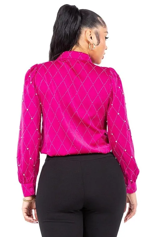 Satin & Rhinestone Button Down Collared Shirts Fuchsia