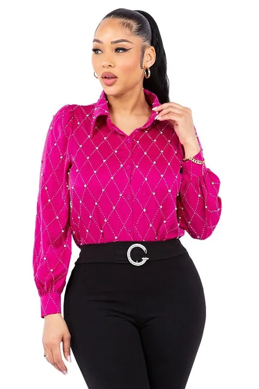 Satin & Rhinestone Button Down Collared Shirts Fuchsia