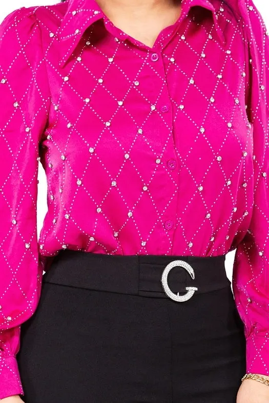 Satin & Rhinestone Button Down Collared Shirts Fuchsia