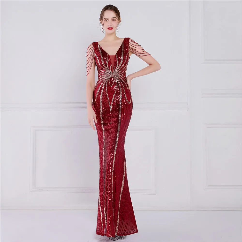 Sequin V-Neck Floor-Length Mermaid Dress