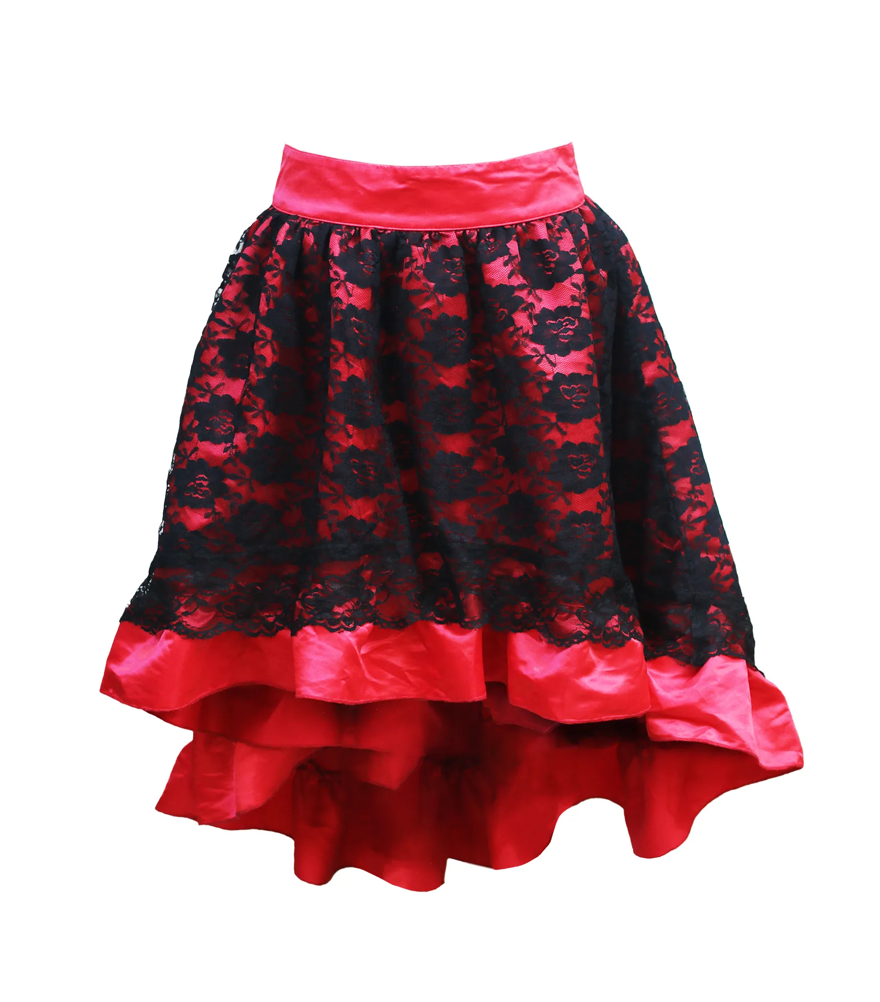 Shadow Veil Lace Overlay Red Satin Skirt