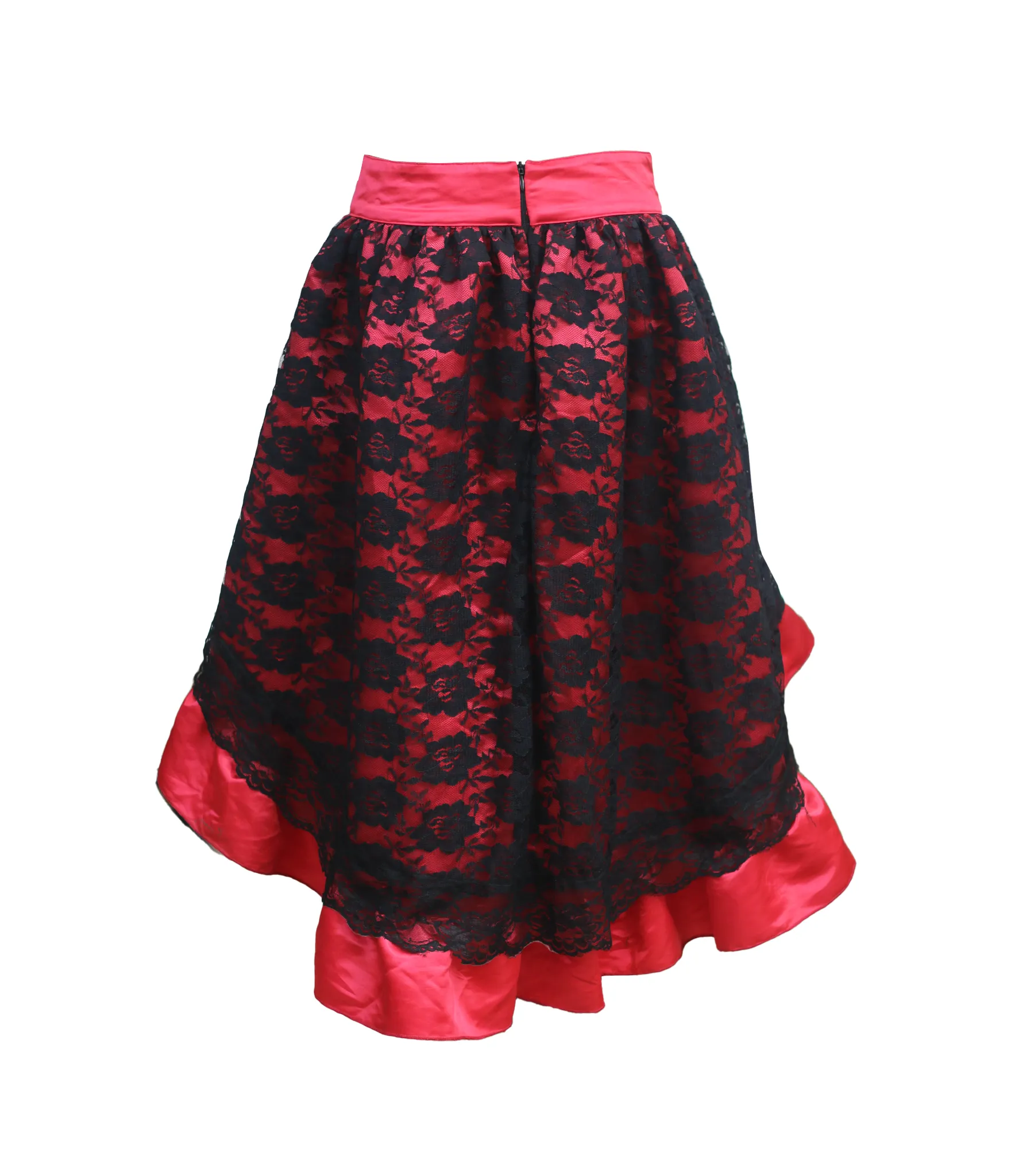 Shadow Veil Lace Overlay Red Satin Skirt