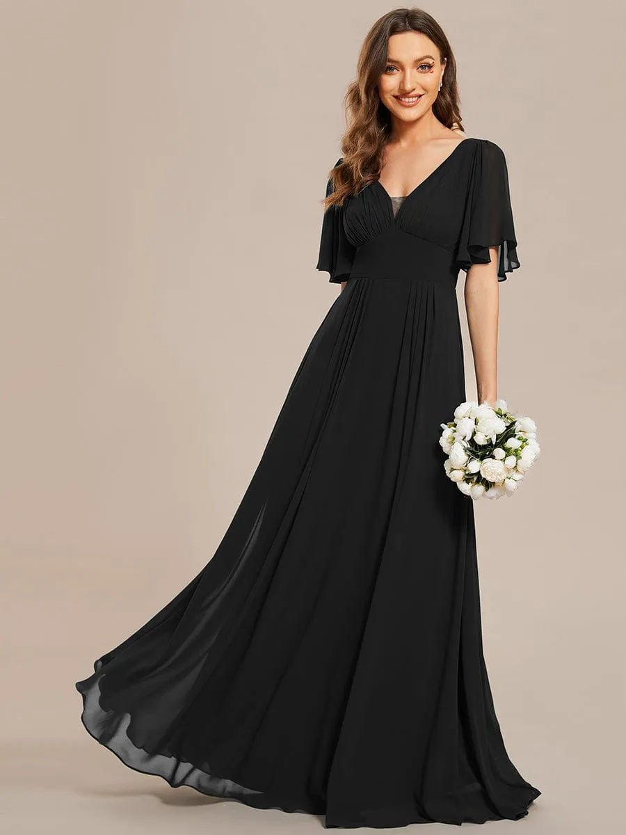 Simple Chiffon Short Sleeves Empire Waist A-Line Maxi Bridesmaid Dress