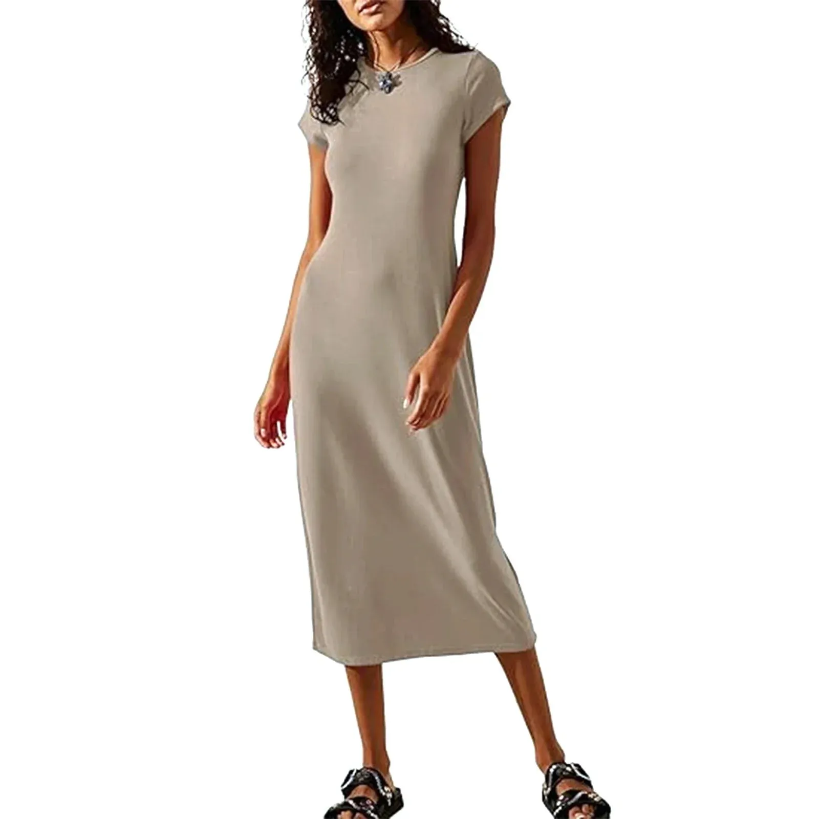 Solid Color O Neck Short Sleeve Bodycon Slim Long Summer Casual Dress