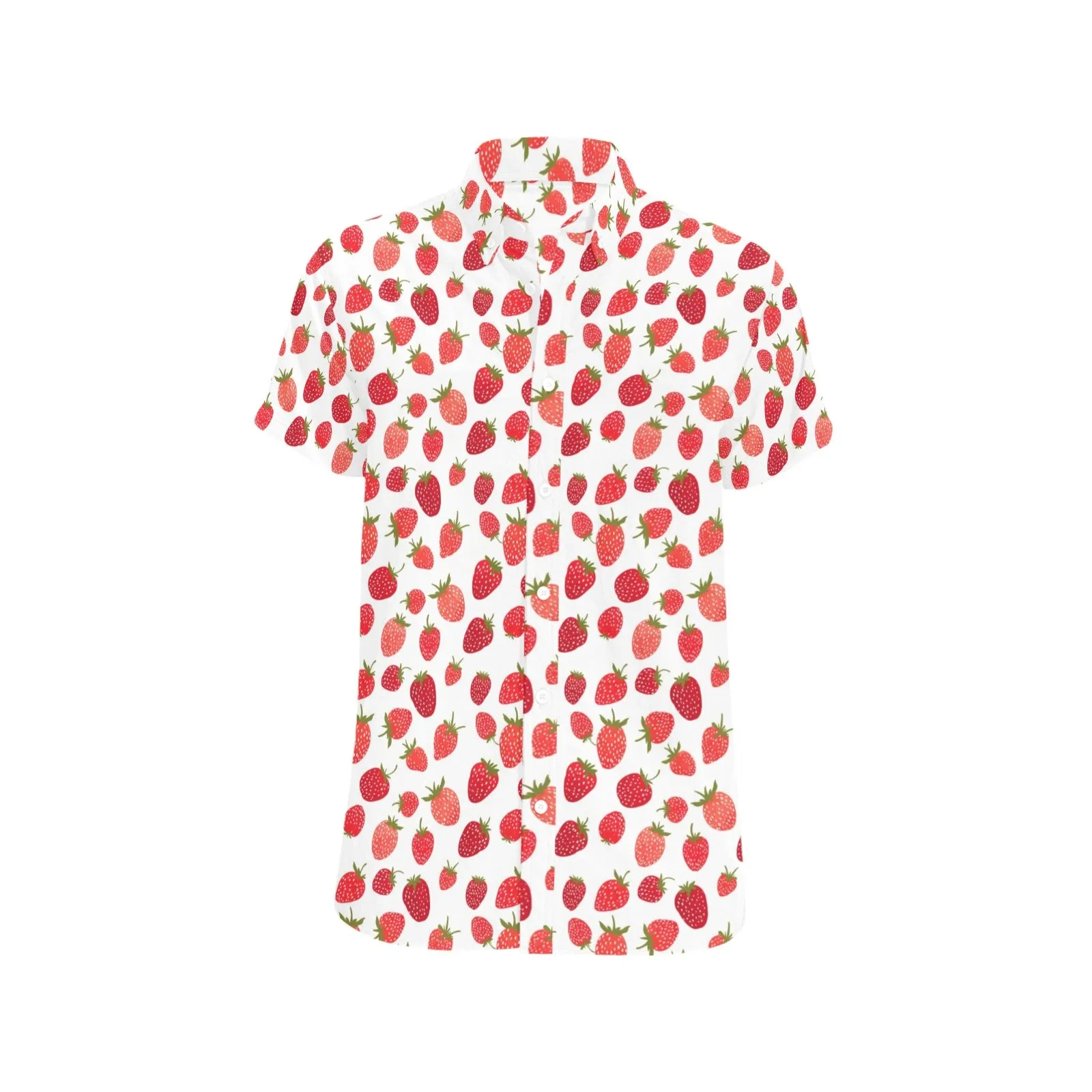 Strawberry Print Men Button Down Shirt, Short Sleeve Up Red Fruit White Casual Buttoned Down Summer Dress Shirt Plus Size Collared Husband