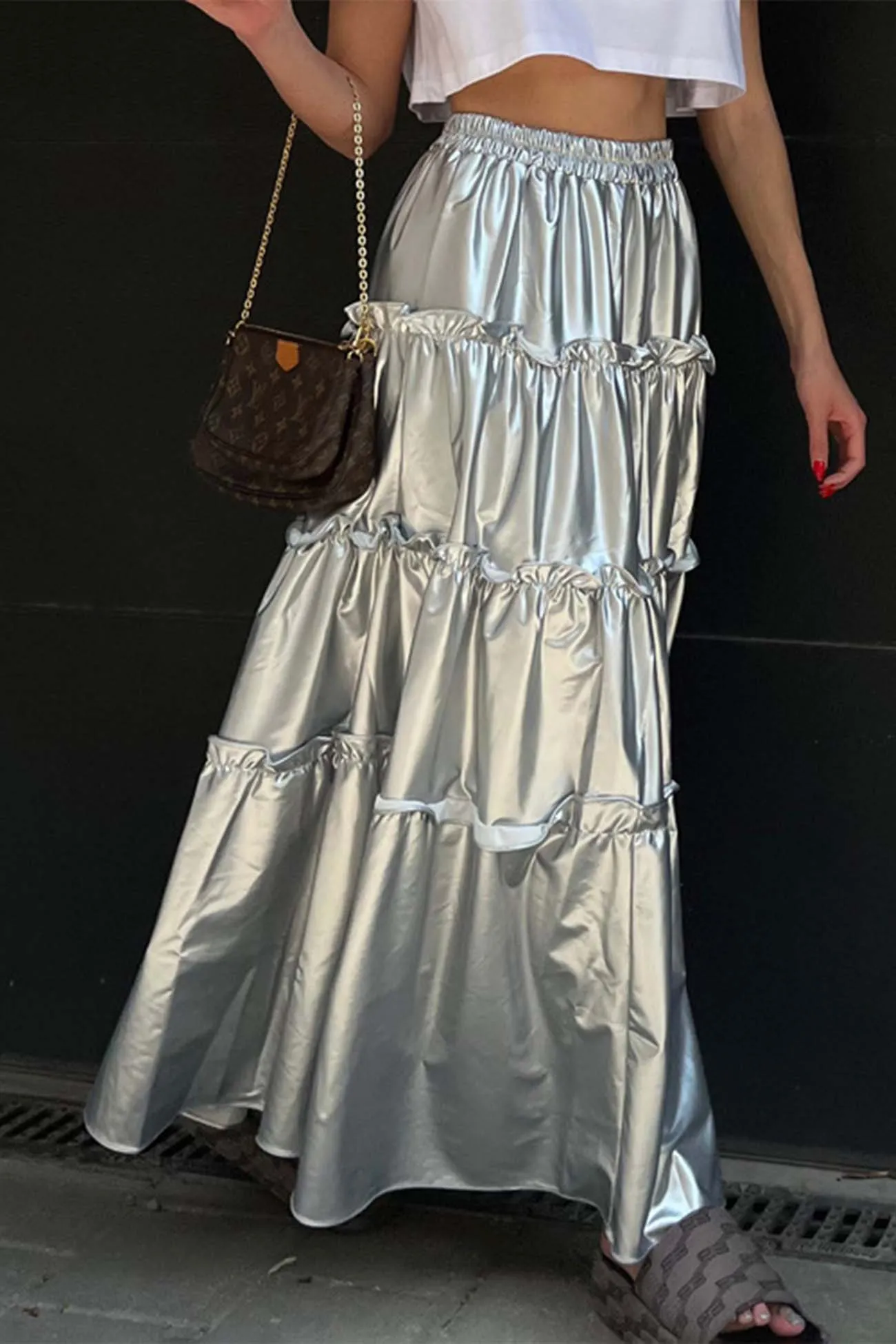 TastyHottie - Metallic Ruched Tiered Skirt