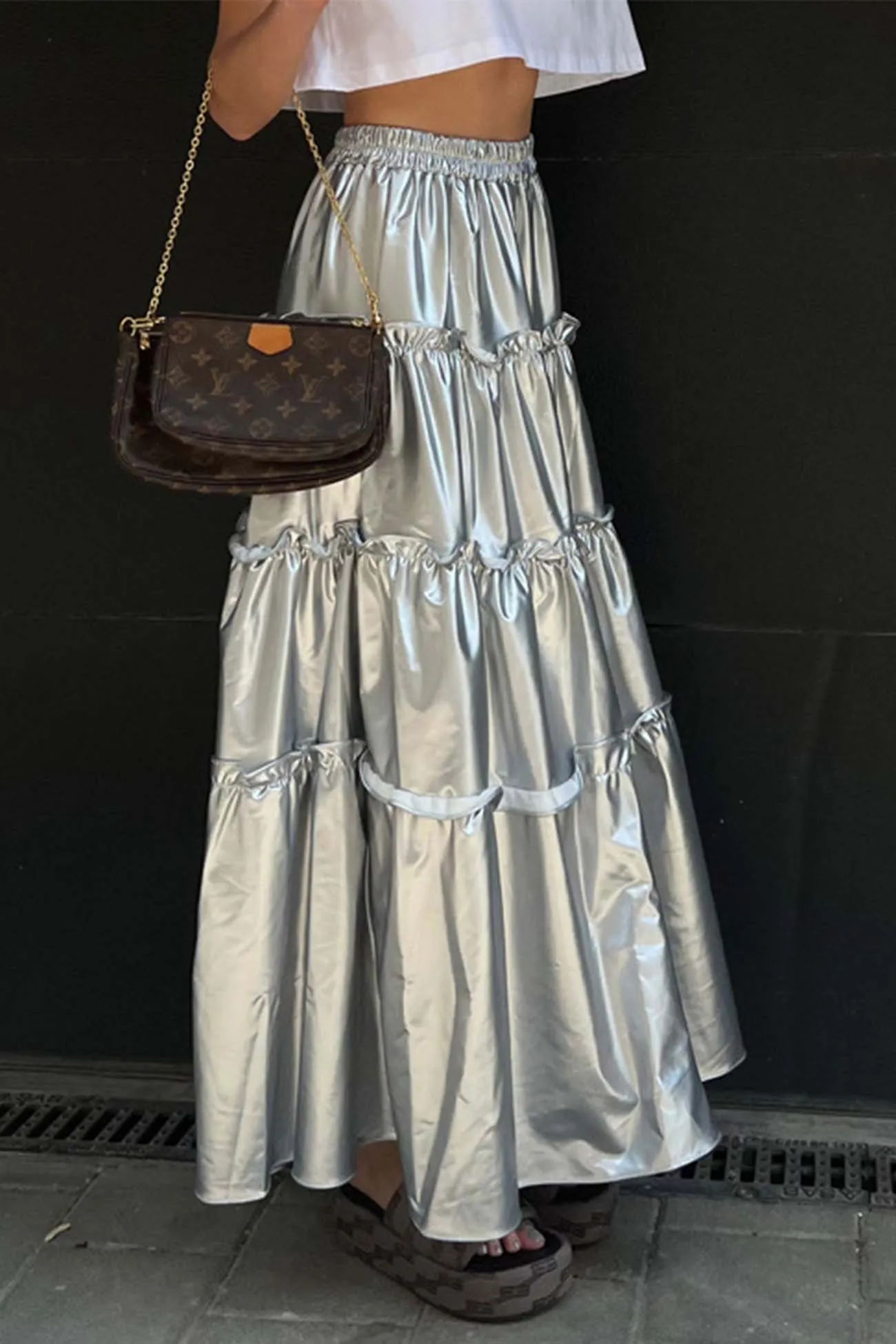 TastyHottie - Metallic Ruched Tiered Skirt