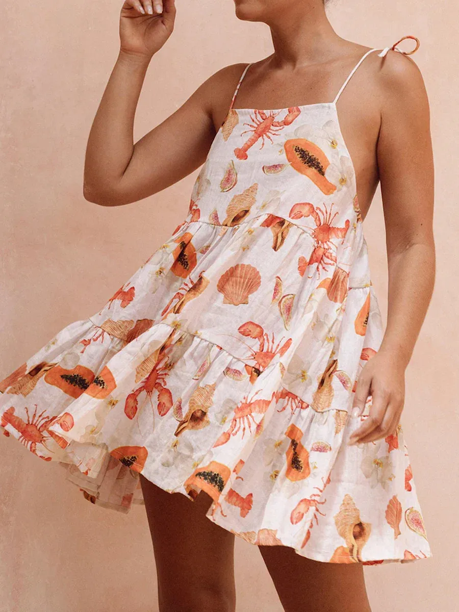 Tie Straps Crab Print Backless A-Line Mini Summer Sleeveless Dress