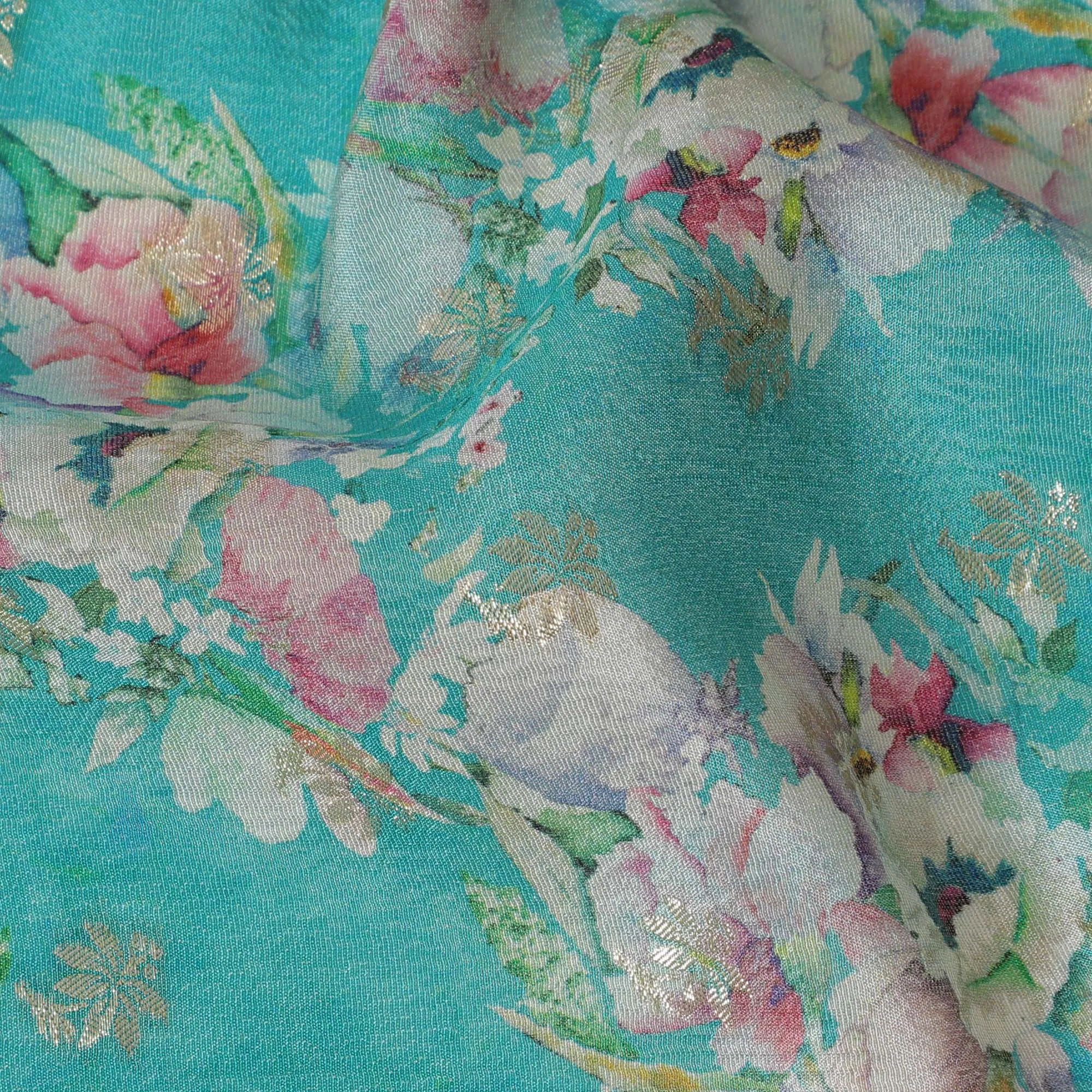 Turquoise Floral Viscose Digital Printed Fabric - Soft & Lightweight, 110 cm Width-D20255