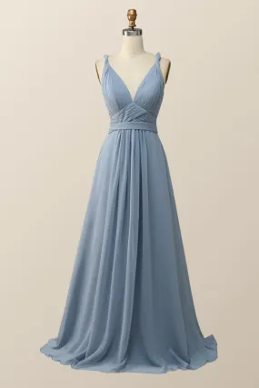 Twisted Straps Blue Chiffon A-line Long Bridesmaid Dress