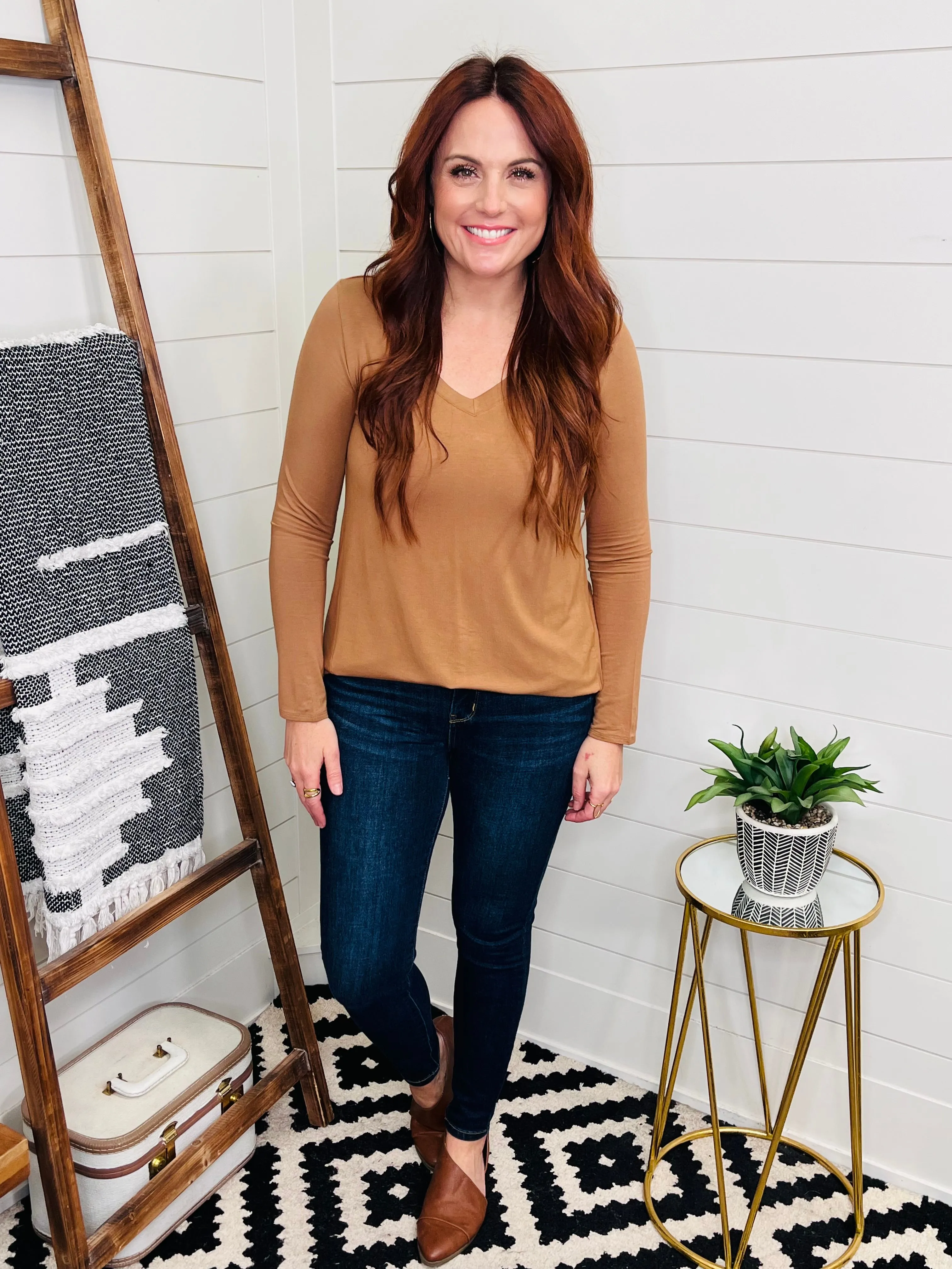 V Neck Camel Tunic Tee