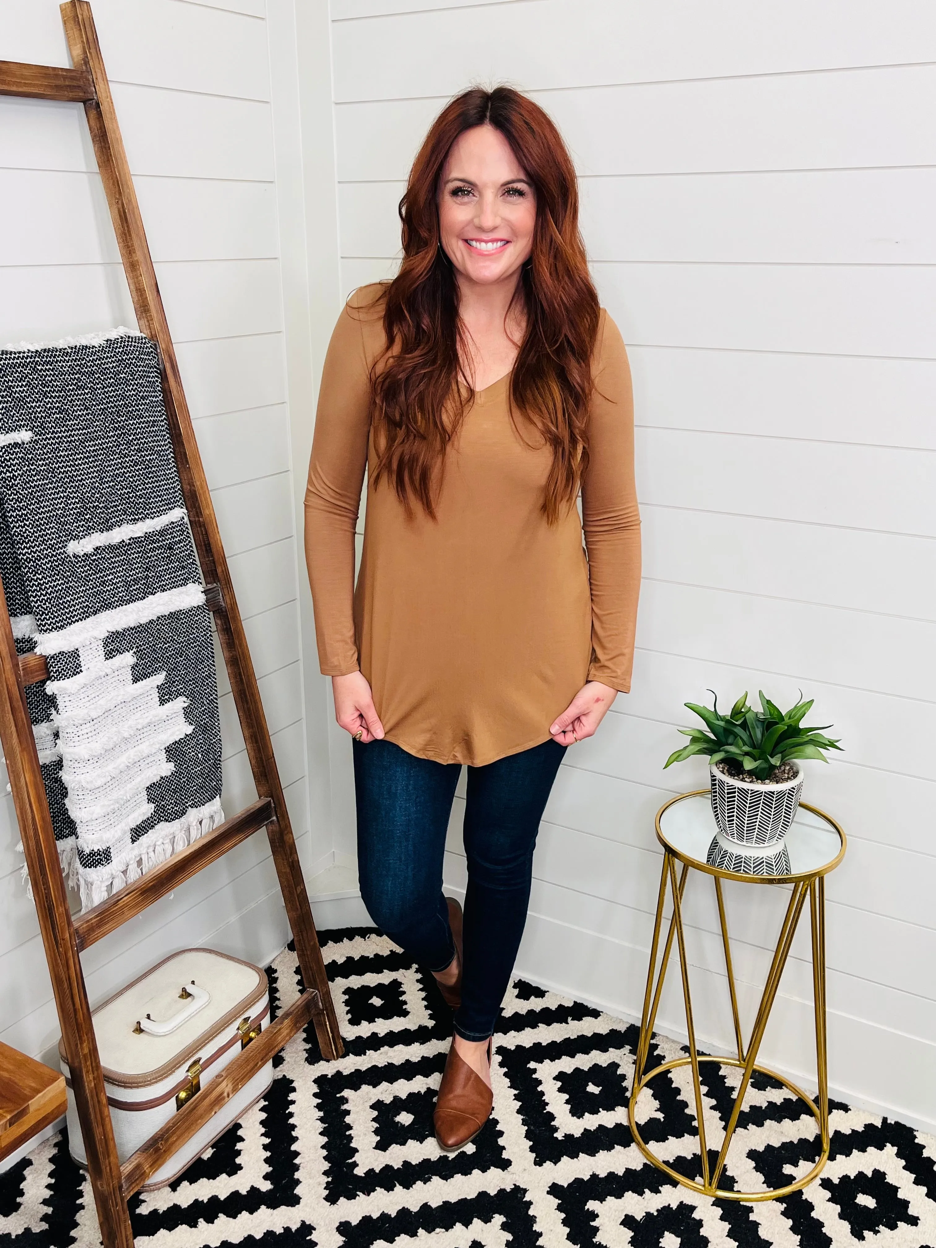 V Neck Camel Tunic Tee