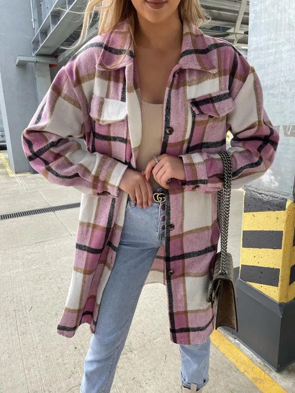 Winter Plaid Button-Up Collared Long Jacket