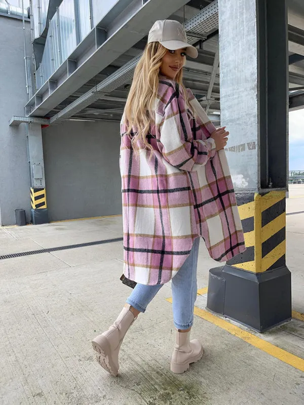 Winter Plaid Button-Up Collared Long Jacket