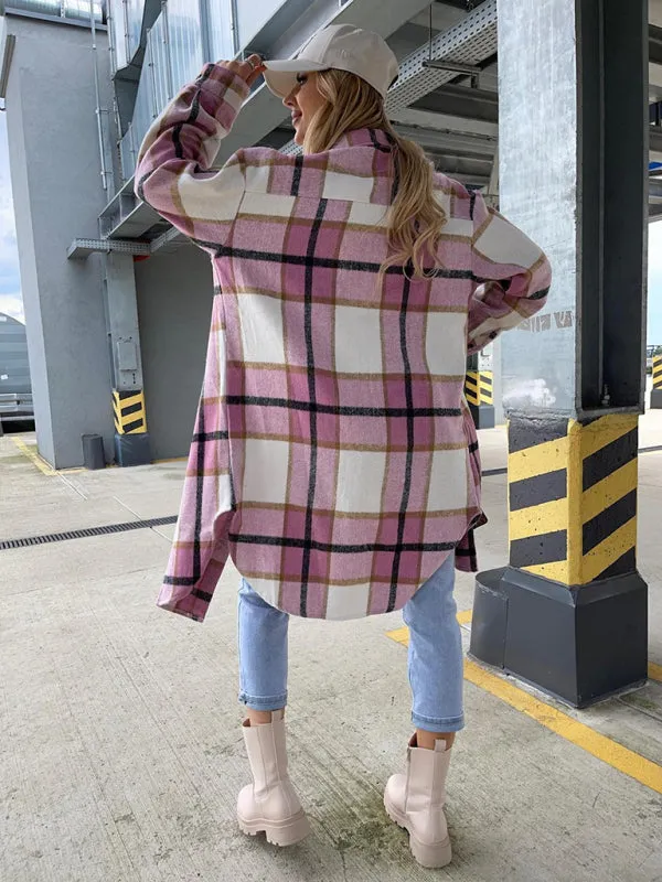 Winter Plaid Button-Up Collared Long Jacket