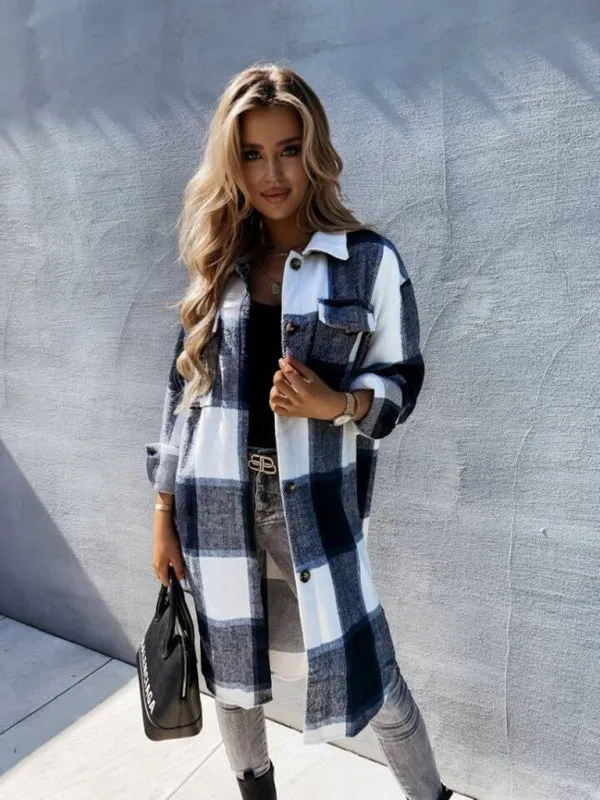 Winter Plaid Button-Up Collared Long Jacket