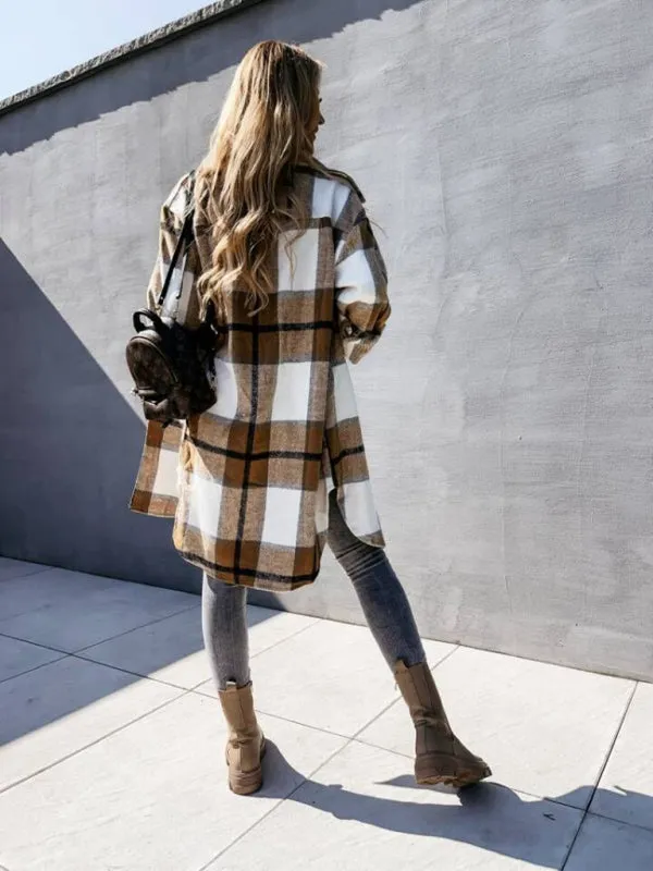 Winter Plaid Button-Up Collared Long Jacket