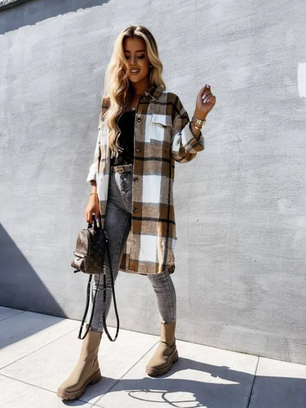 Winter Plaid Button-Up Collared Long Jacket