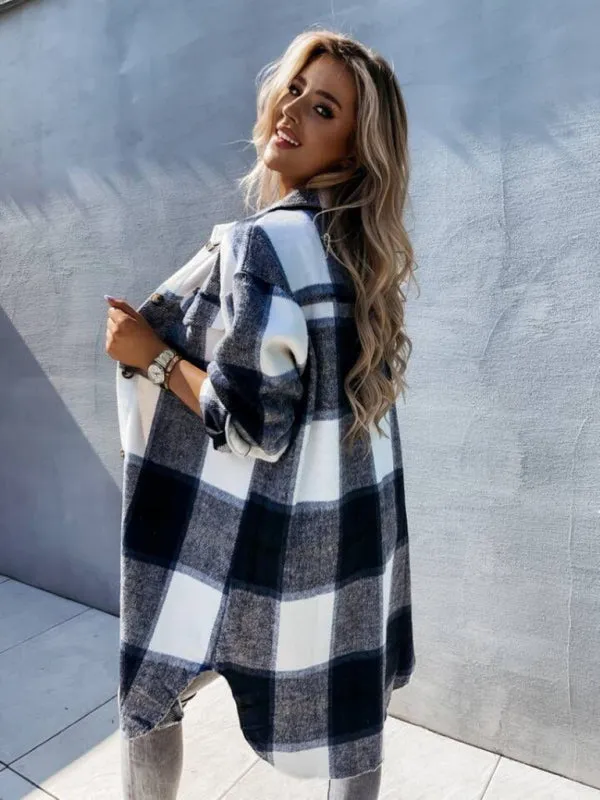 Winter Plaid Button-Up Collared Long Jacket