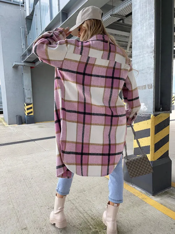 Winter Plaid Button-Up Collared Long Jacket