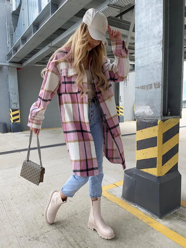 Winter Plaid Button-Up Collared Long Jacket