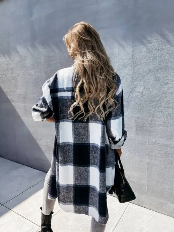 Winter Plaid Button-Up Collared Long Jacket