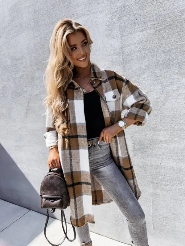 Winter Plaid Button-Up Collared Long Jacket