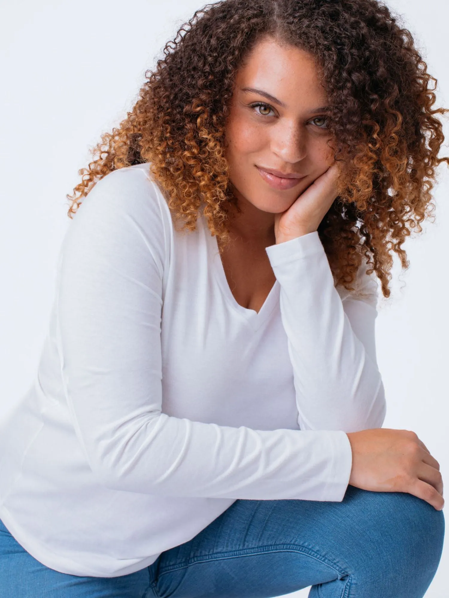 Women's White Long Sleeve V-Neck