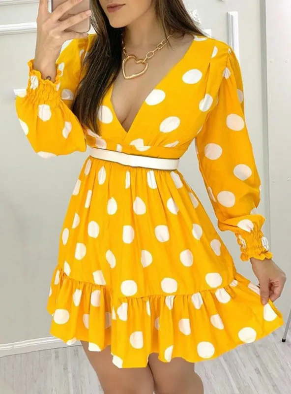 Yellow Plunge Polka Dots Shirring Design Ruched Ruffles Casual Dress