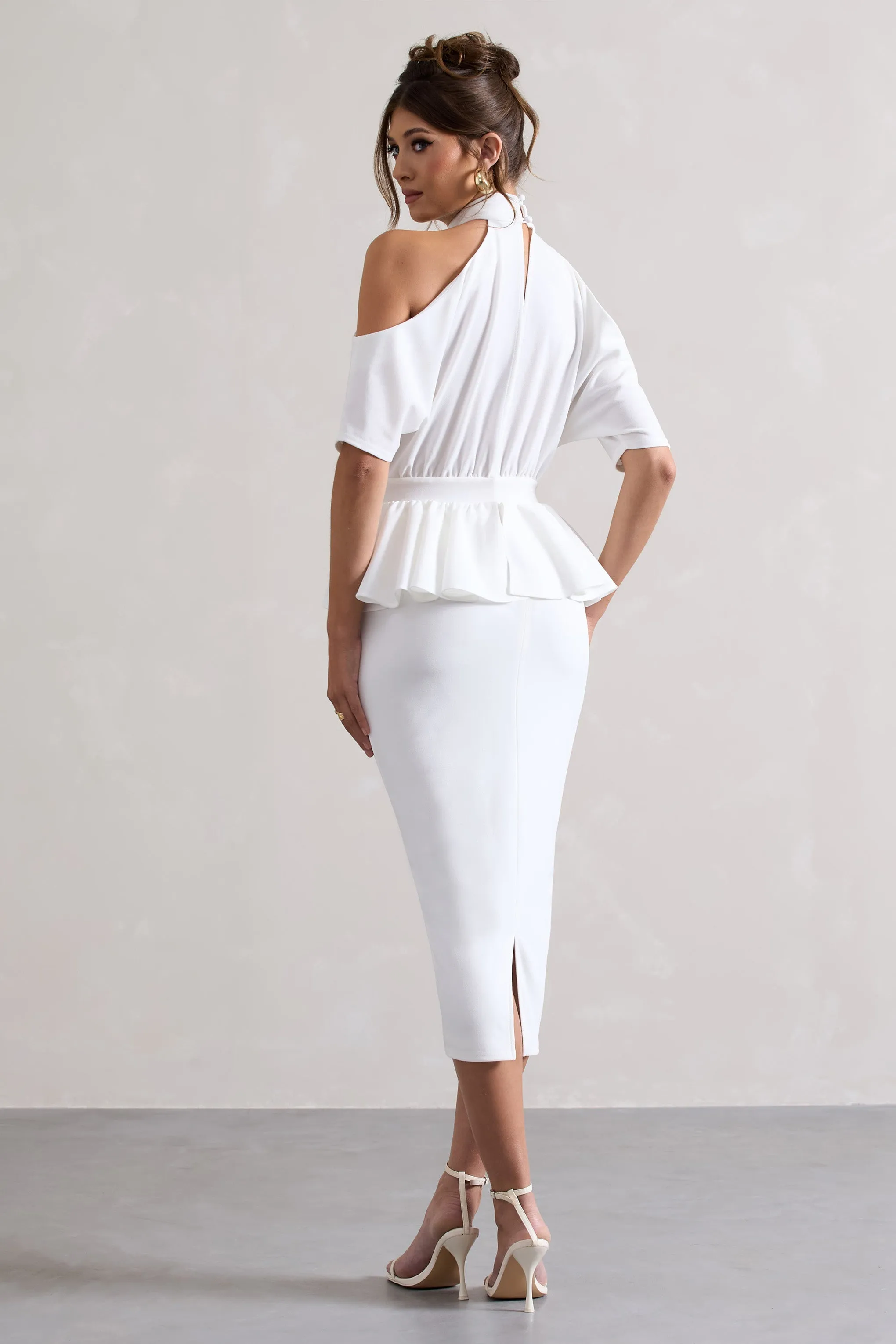 Yves | White High-Neck Cut-Out Midi Dress With Peplum Waist