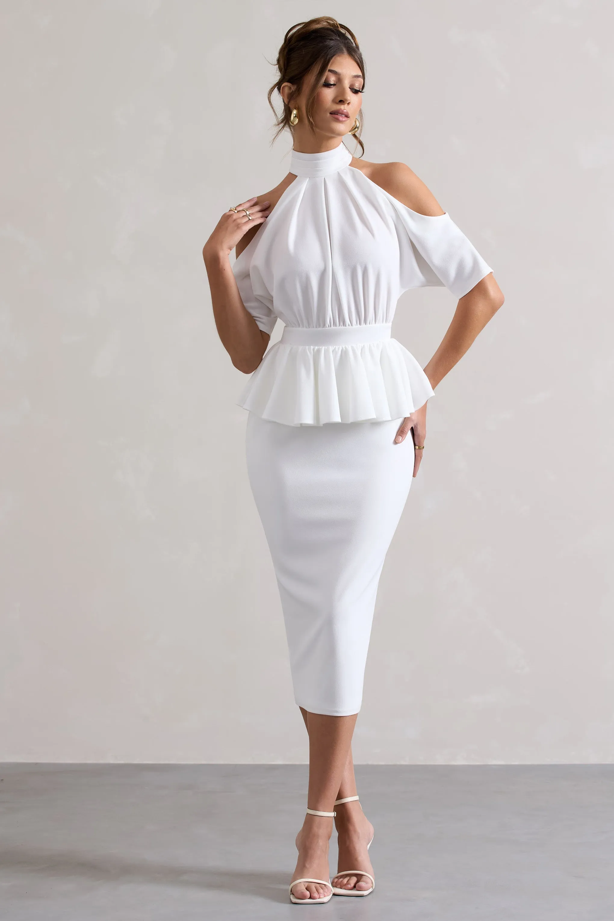 Yves | White High-Neck Cut-Out Midi Dress With Peplum Waist